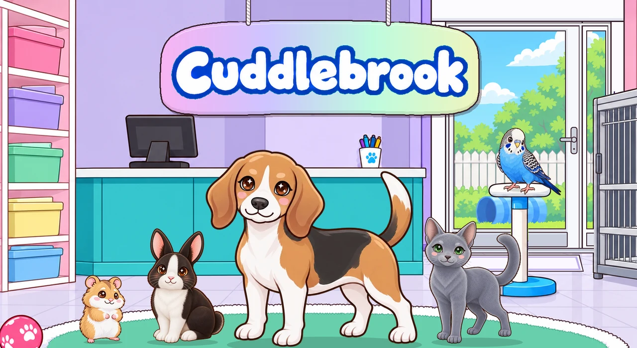 The Cuddlebrook title screen: a beagle, a rabbit, a hamster, a gray cat and a budgie in a lavender shelter lobby under a rainbow Cuddlebrook sign.